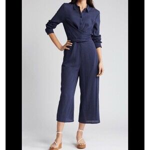 Caslon Wrap Front Long Sleeve Jumpsuit Sz small Wide Cropped Leg